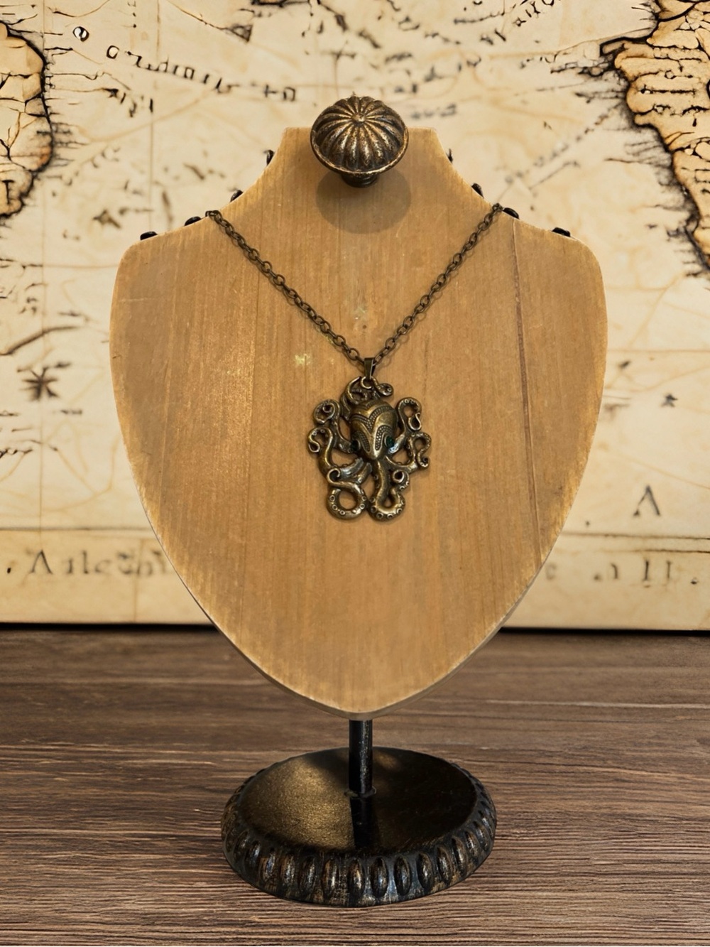 Bronze Octopus/Kraken Pendant Necklace with Green Accent Eyes - Picture 6 of 17